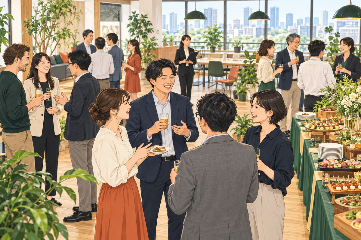 社内懇親会を成功させる完全ガイドを解説するイラスト（開催イメージ）