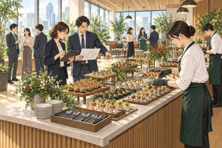 社内懇親会のケータリング選びを解説するイラスト（開催イメージ）