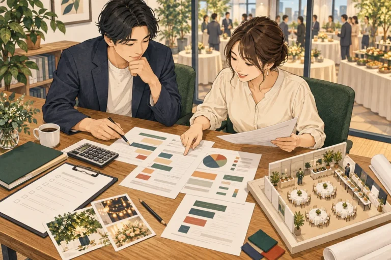 社内懇親会の費用相場を解説するイラスト（開催イメージ）