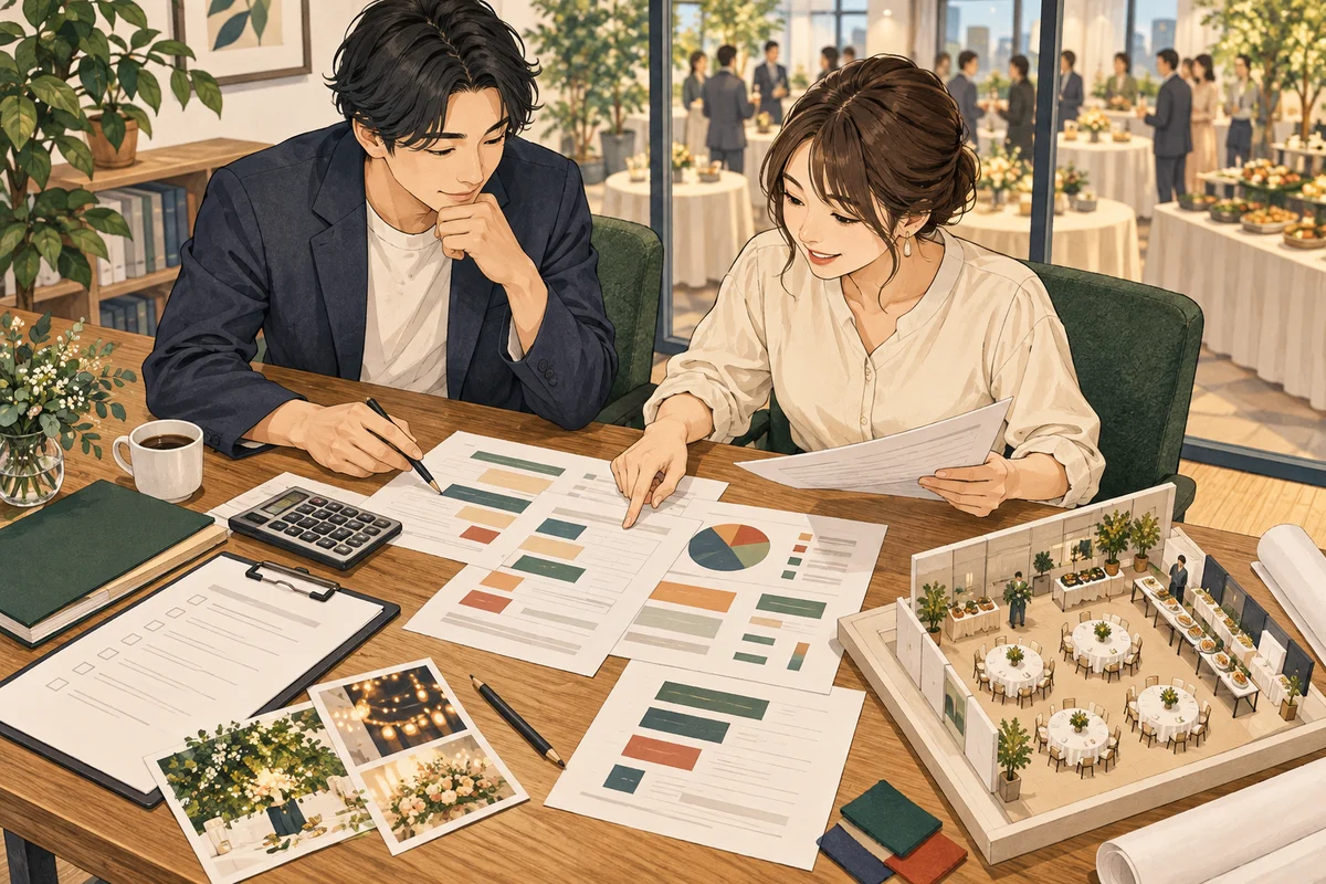 社内懇親会の費用相場を解説するイラスト(開催イメージ)