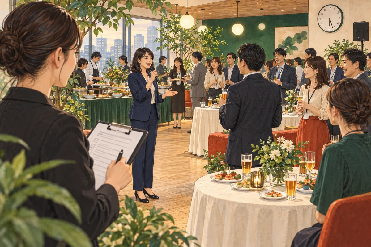 社内懇親会の進行例を解説するイラスト(開催イメージ)