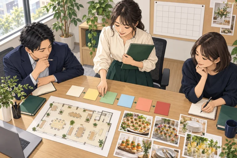 社内懇親会の準備はいつから？6週間前からのスケジュールを解説を解説するイラスト（開催イメージ）