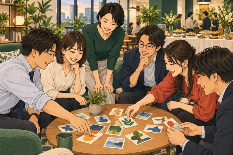 社内懇親会で盛り上がるゲーム12選を解説するイラスト（開催イメージ）