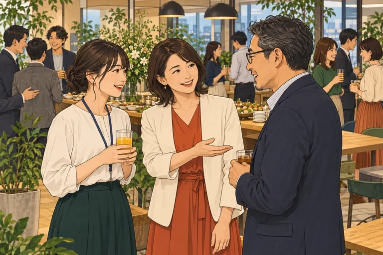 社内懇親会で部署を越えた交流を生む7つの仕掛けを解説するイラスト（開催イメージ）