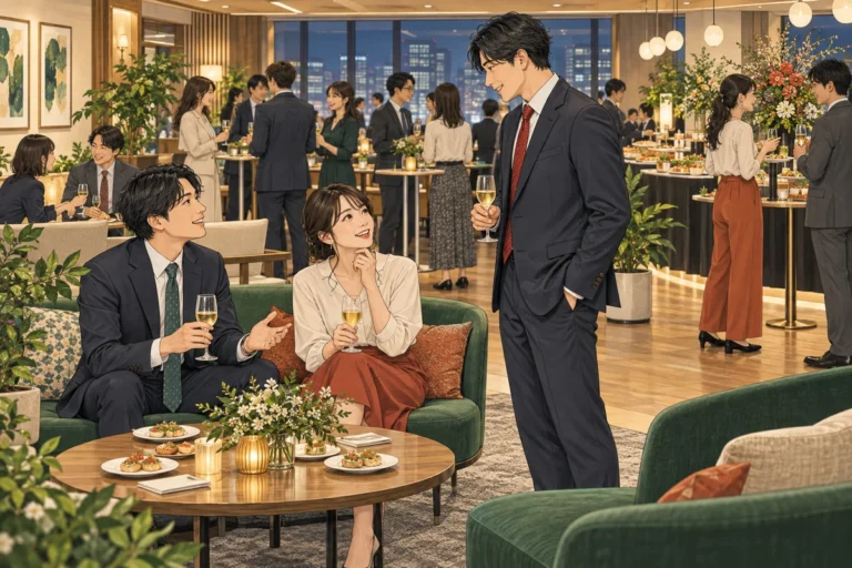 社内懇親会は立食と着席どちらがいい？人数・目的別に比較を解説するイラスト（開催イメージ）