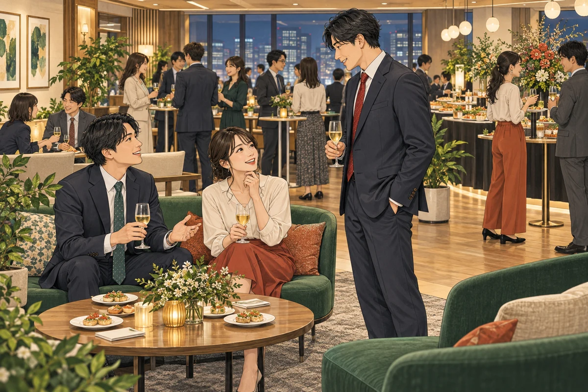 社内懇親会は立食と着席どちらがいい?人数・目的別に比較を解説するイラスト(開催イメージ)