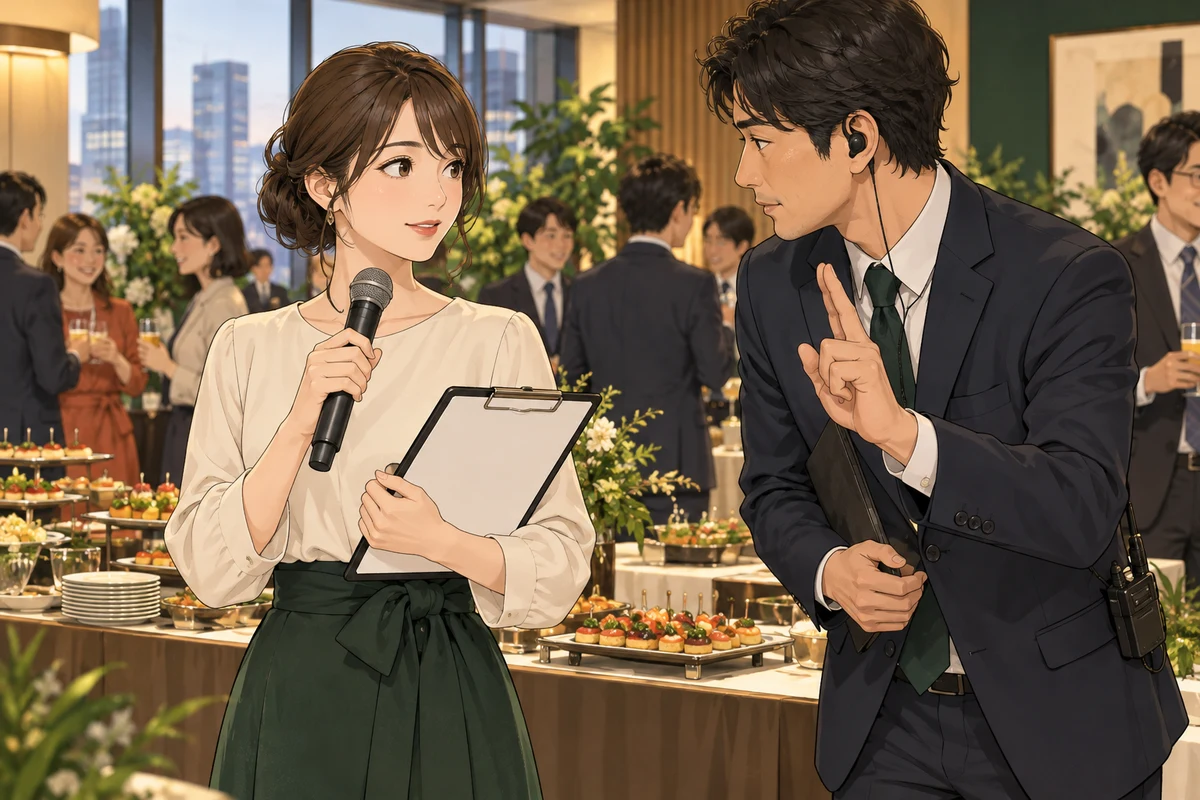 社内懇親会の司会進行のコツを解説するイラスト(開催イメージ)