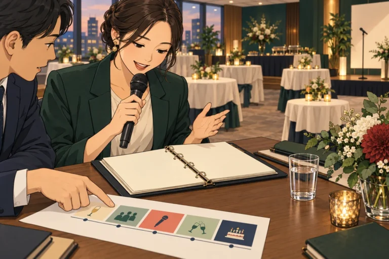 社内懇親会の司会台本例を解説するイラスト（開催イメージ）
