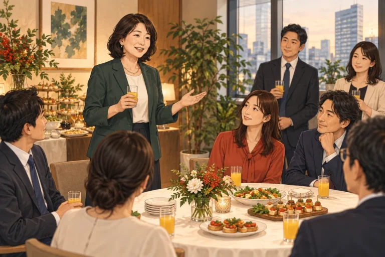 社内懇親会の開会挨拶・乾杯・締めを解説するイラスト（開催イメージ）