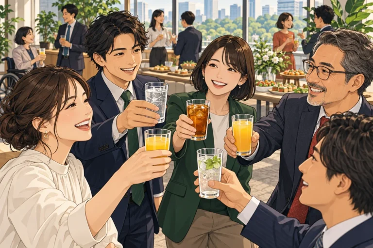 社内懇親会の乾杯を盛り上げる演出アイデア8選を解説するイラスト（開催イメージ）
