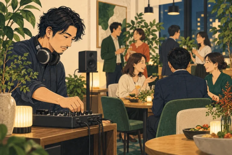 社内懇親会のBGMはどう選ぶ？受付・歓談・ゲーム・締めの選曲ポイントを解説するイラスト（開催イメージ）