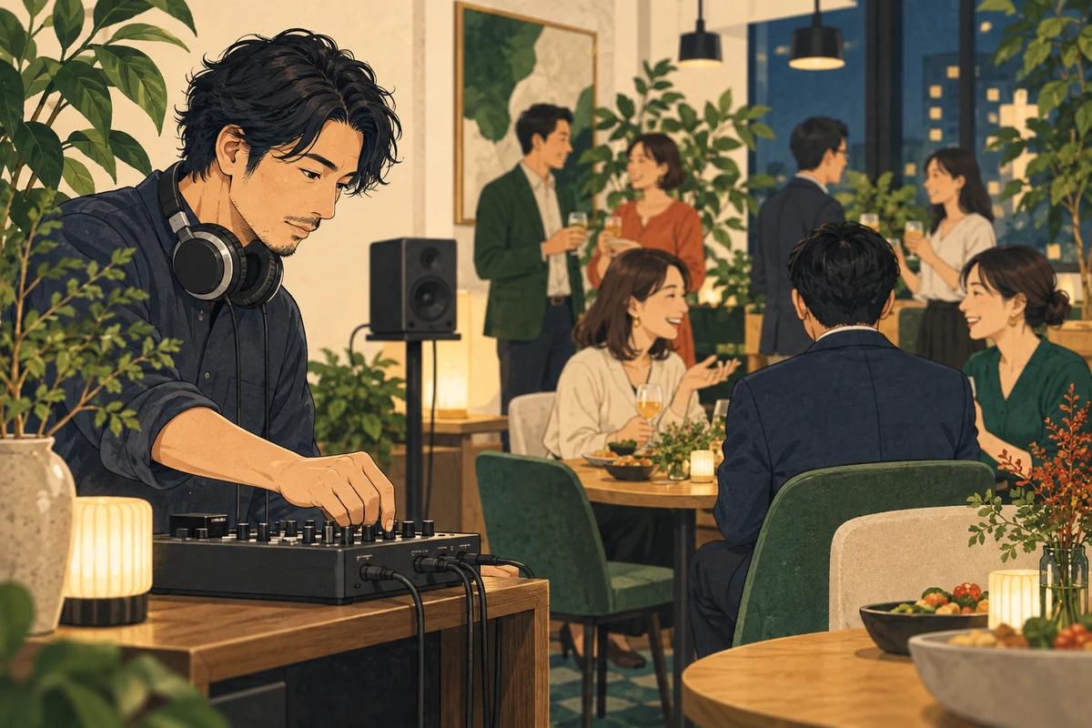 社内懇親会のBGMはどう選ぶ？受付・歓談・ゲーム・締めの選曲ポイントを解説するイラスト（開催イメージ）