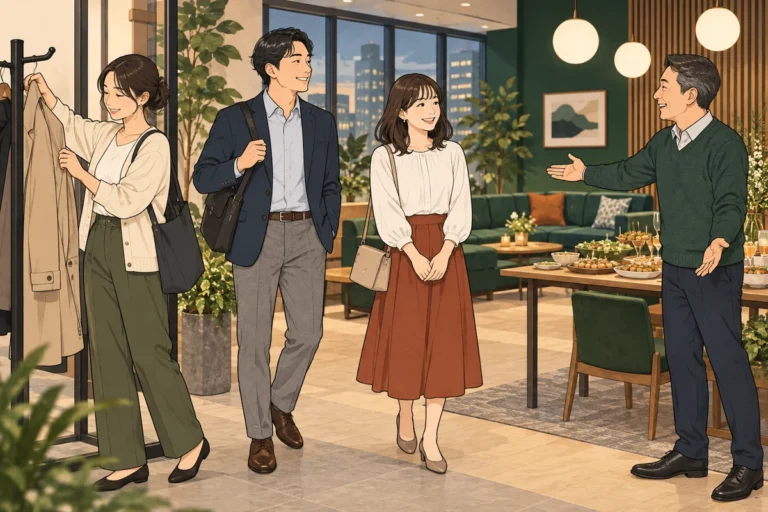 社内懇親会の服装案内はどう書く？オフィス開催で迷わせない伝え方を解説するイラスト（開催イメージ）
