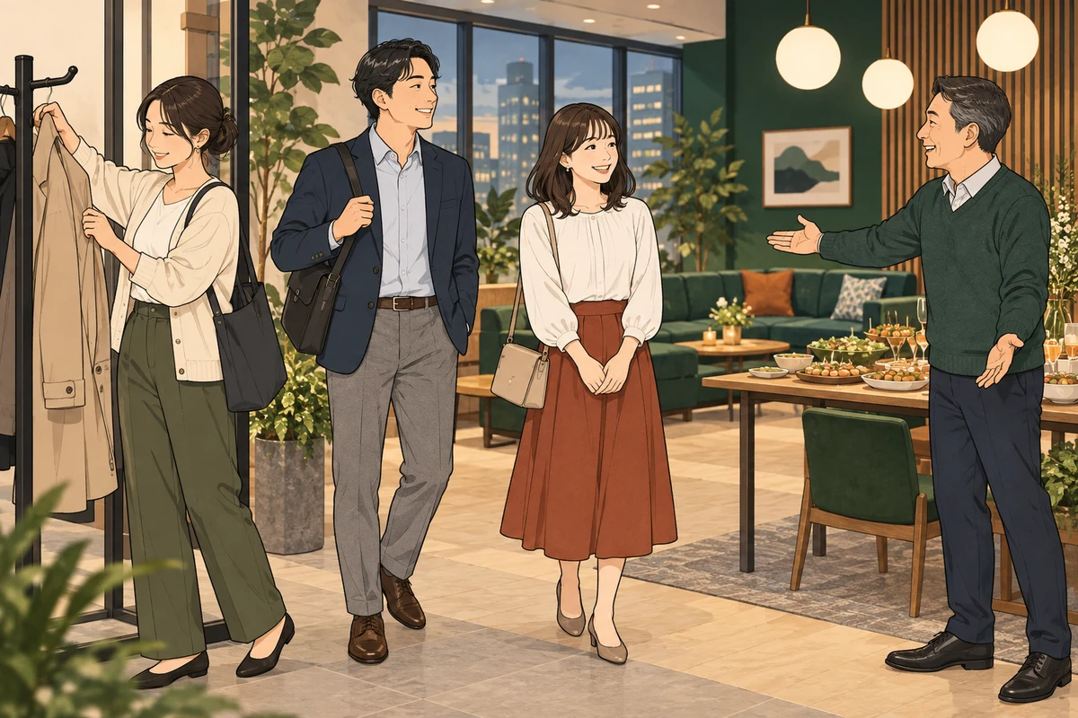 社内懇親会の服装案内はどう書く？オフィス開催で迷わせない伝え方を解説するイラスト（開催イメージ）
