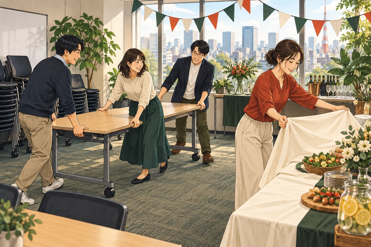 オフィスパーティーの開き方を解説するイラスト(開催イメージ)