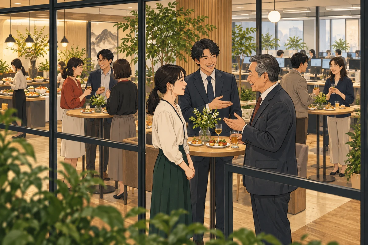 オフィス懇親会の作り方を解説するイラスト(開催イメージ)