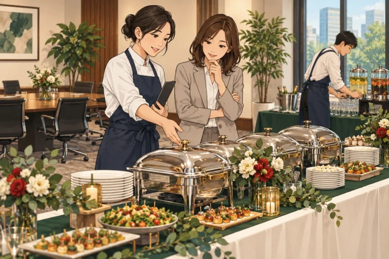 オフィスパーティーのケータリング完全ガイドを解説するイラスト（開催イメージ）