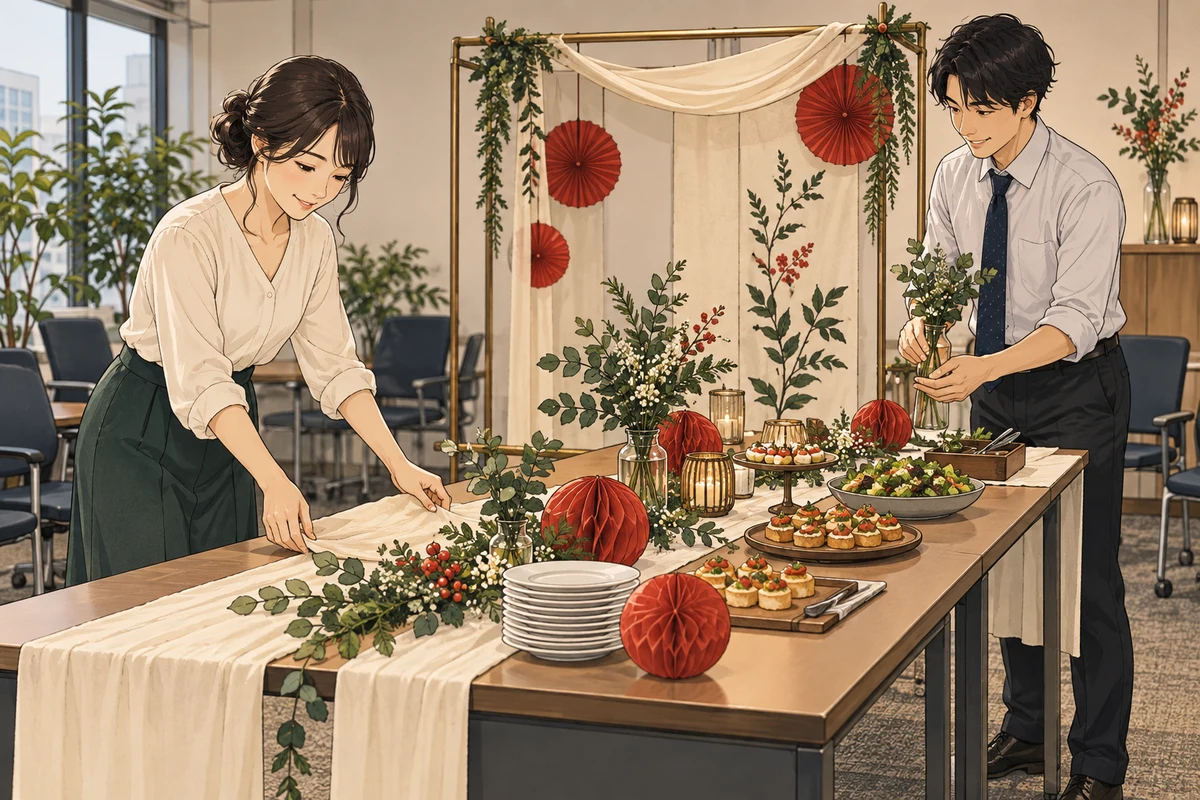 オフィスパーティーの飾り付けアイデアを解説するイラスト(開催イメージ)