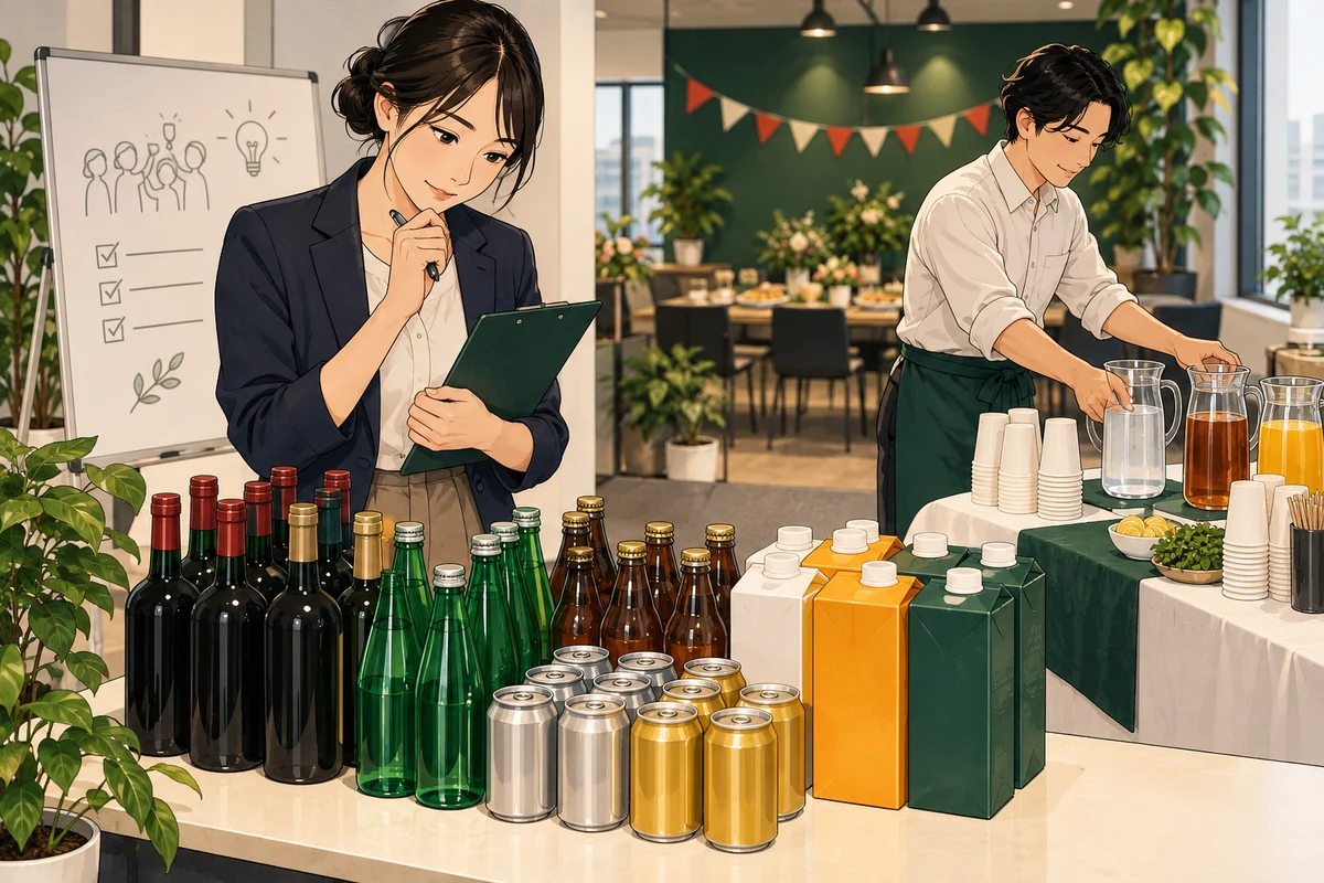 オフィスパーティーのドリンク量の目安を解説するイラスト(開催イメージ)
