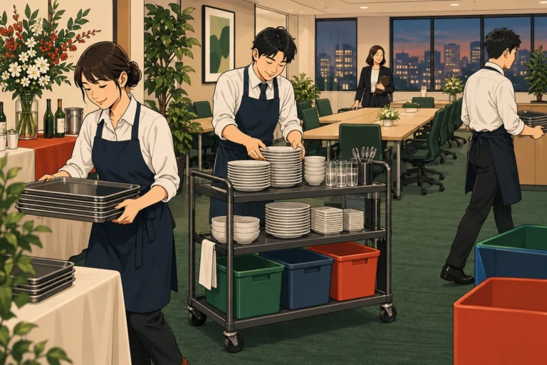 オフィスパーティー後の片付けを楽にする方法を解説するイラスト（開催イメージ）