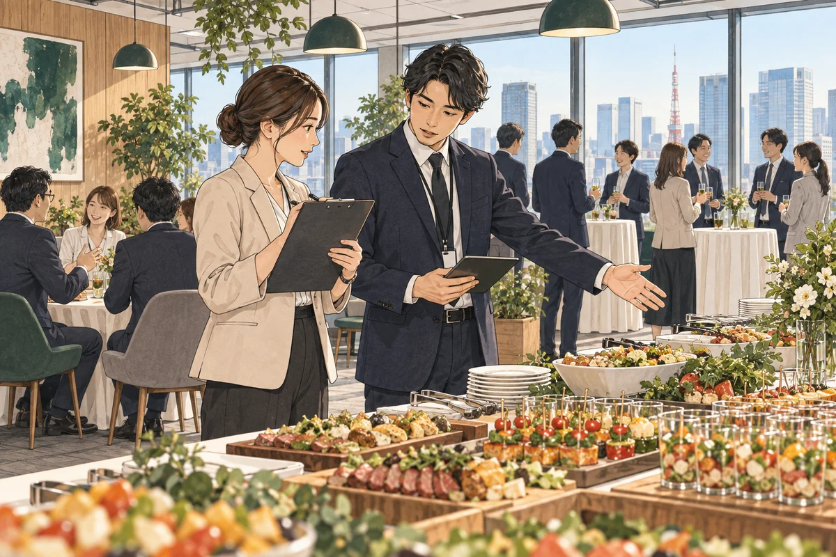 社内イベントのケータリング選びを解説するイラスト（開催イメージ）
