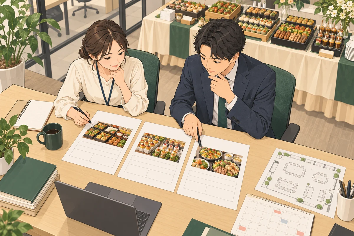 法人ケータリングの選び方を解説するイラスト（開催イメージ）