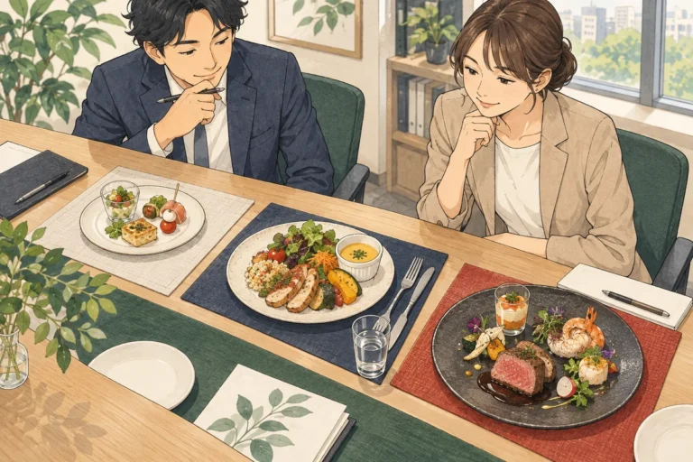 会社ケータリングは一人いくら？予算3,000円・5,000円・8,000円の違いを解説するイラスト（開催イメージ）