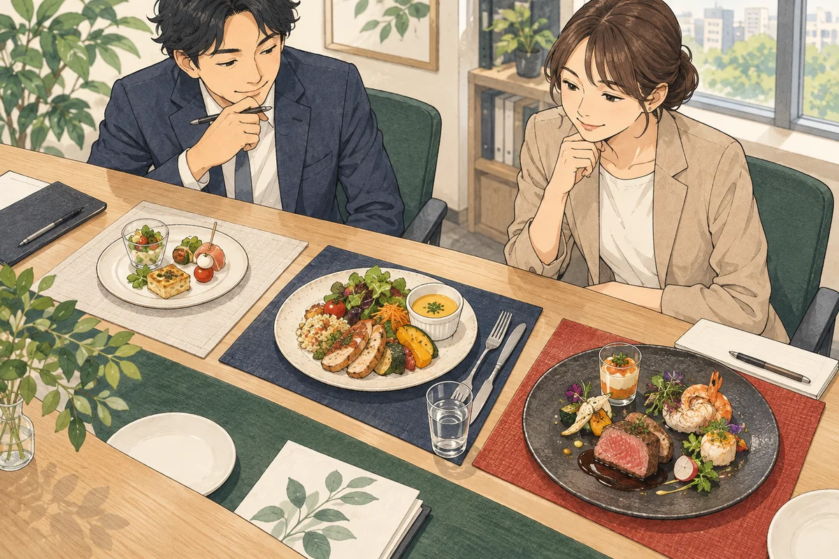 会社ケータリングは一人いくら?予算3,000円・5,000円・8,000円の違いを解説するイラスト(開催イメージ)