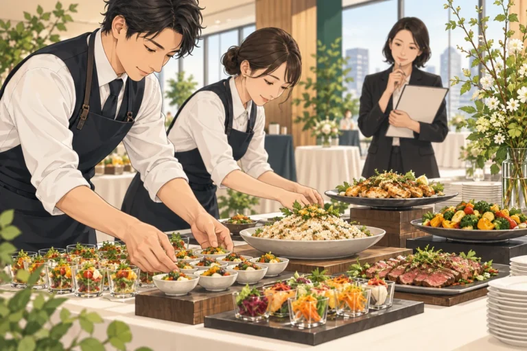 ケータリングの料理量はどれくらい？足りない・余るを防ぐ考え方を解説するイラスト（開催イメージ）