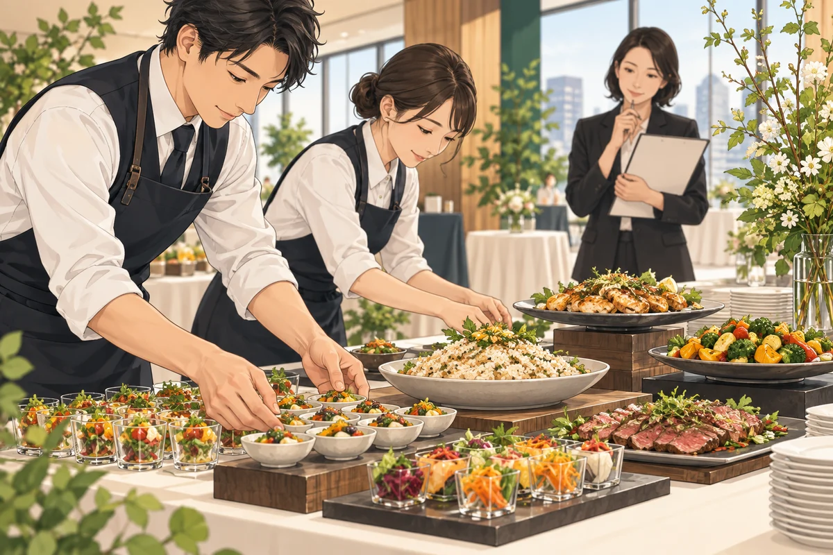 ケータリングの料理量はどれくらい?足りない・余るを防ぐ考え方を解説するイラスト(開催イメージ)