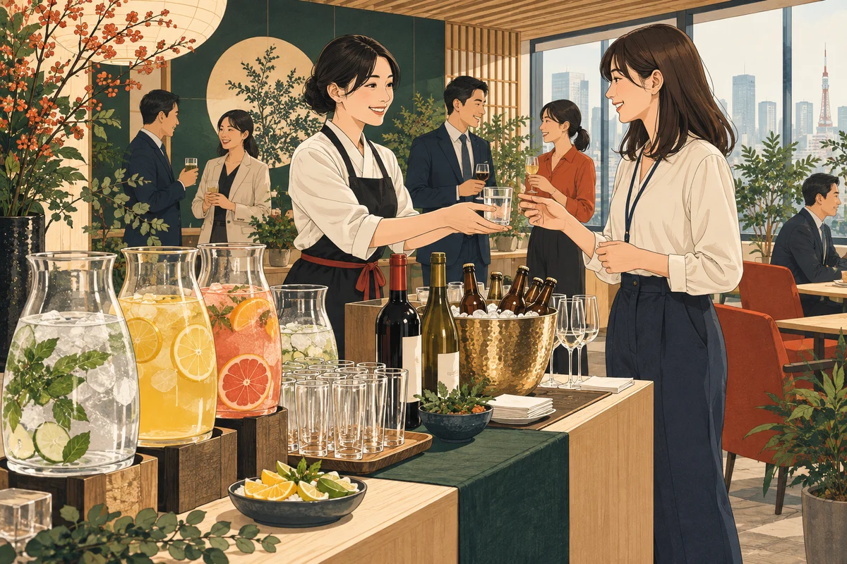 社内ケータリングの飲み放題は必要?ドリンクプランの選び方を解説するイラスト(開催イメージ)