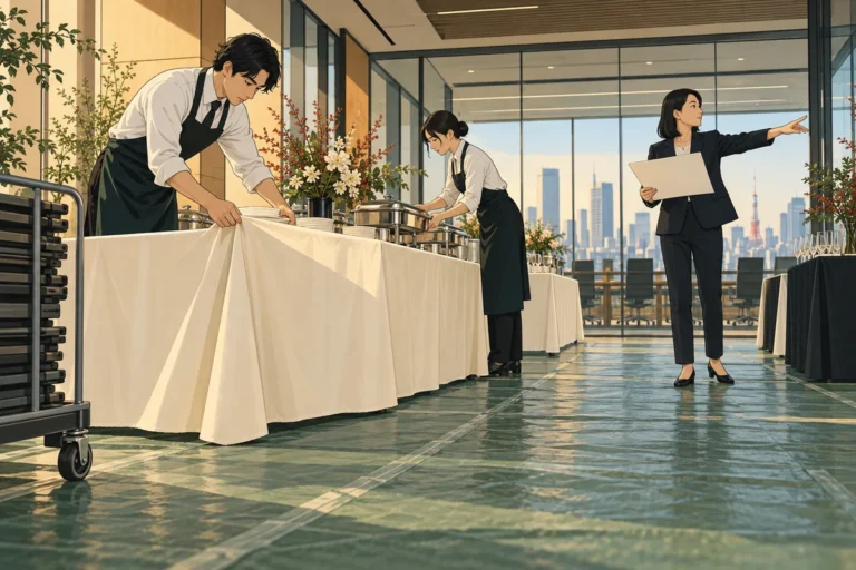 ケータリングの設営はどこまで頼める？オフィス開催の準備範囲を解説を解説するイラスト（開催イメージ）