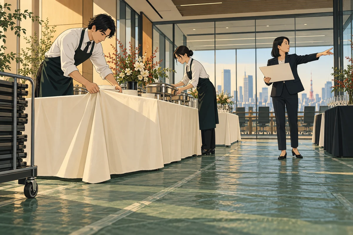 ケータリングの設営はどこまで頼める?オフィス開催の準備範囲を解説を解説するイラスト(開催イメージ)