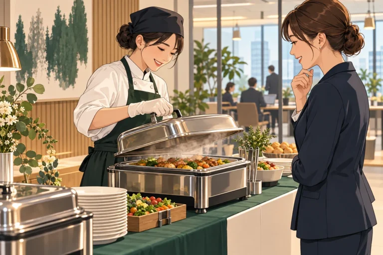 オフィスケータリングで温かい料理を出す方法を解説するイラスト（開催イメージ）