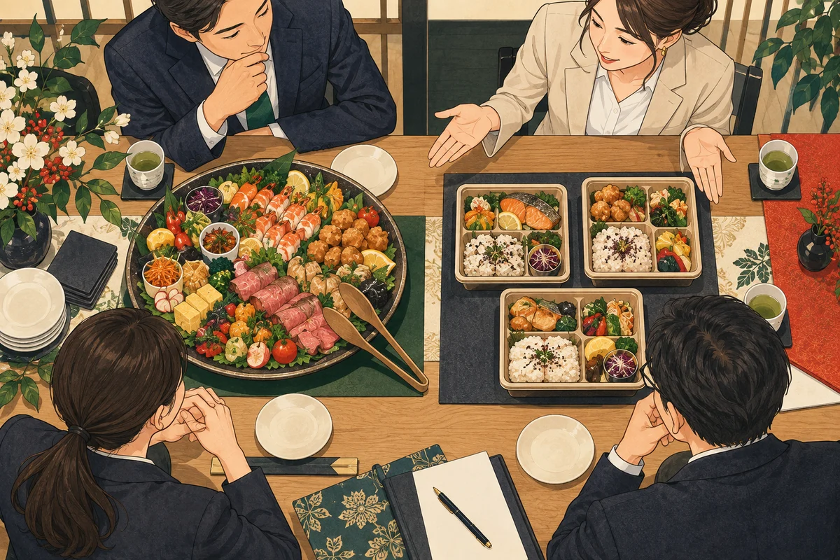 ケータリングは大皿と個食どちらがいい?社内イベントでの選び方を解説するイラスト(開催イメージ)