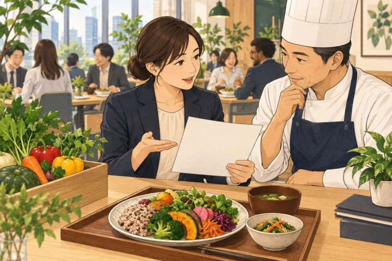 社内ケータリングの食事制限対応を解説するイラスト（開催イメージ）