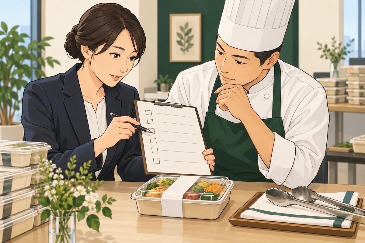 会社イベントのアレルギー確認方法を解説するイラスト（開催イメージ）