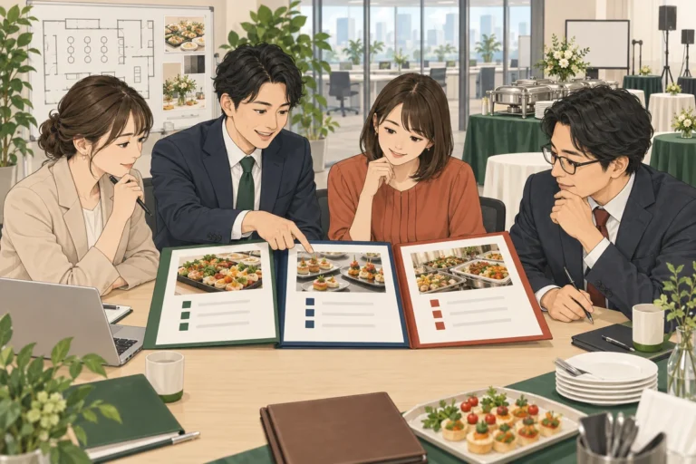 法人ケータリング比較で見るべき項目を解説するイラスト（開催イメージ）
