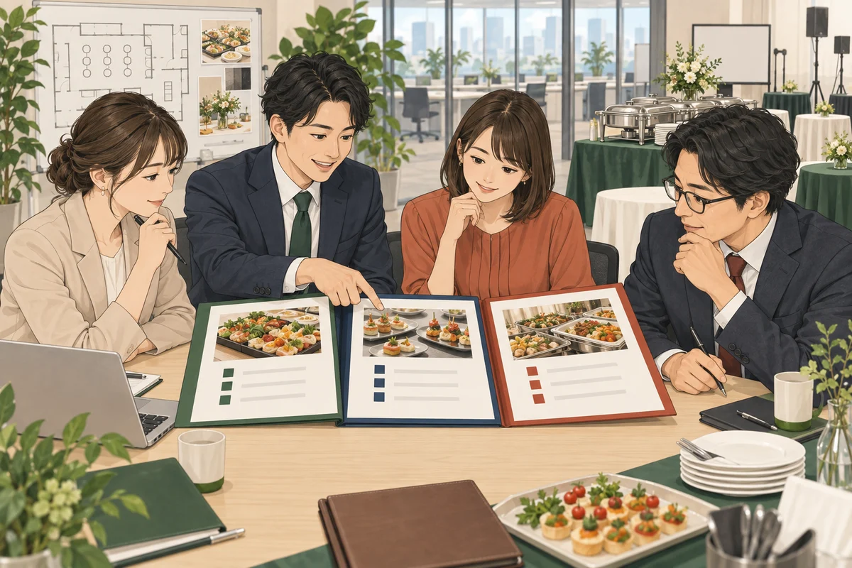 法人ケータリング比較で見るべき項目を解説するイラスト（開催イメージ）