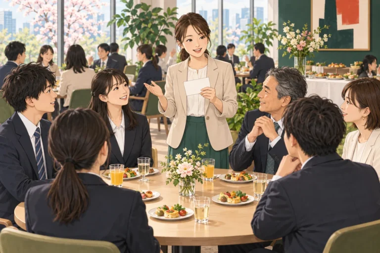 新入社員歓迎会の進め方を解説するイラスト（開催イメージ）