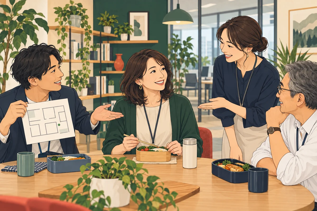 中途入社者の歓迎会アイデアを解説するイラスト(開催イメージ)
