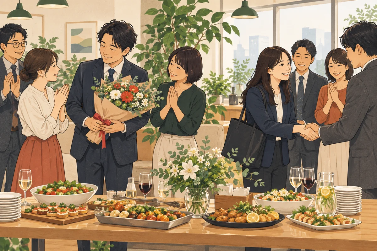 社内歓送迎会のケータリング選びを解説するイラスト(開催イメージ)