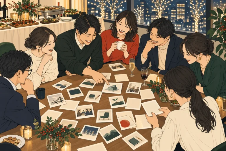 社内忘年会の企画アイデア15選を解説するイラスト（開催イメージ）
