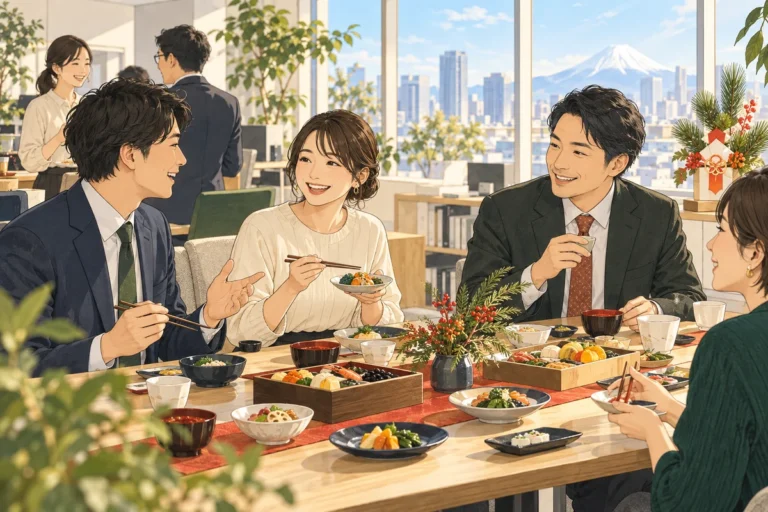 会社の新年会をオフィスで開催する方法を解説するイラスト（開催イメージ）