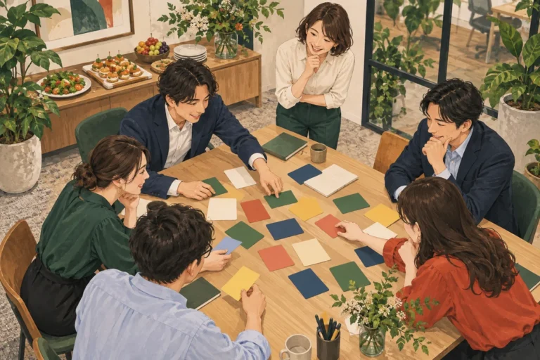 社内交流会の企画アイデア12選を解説するイラスト（開催イメージ）