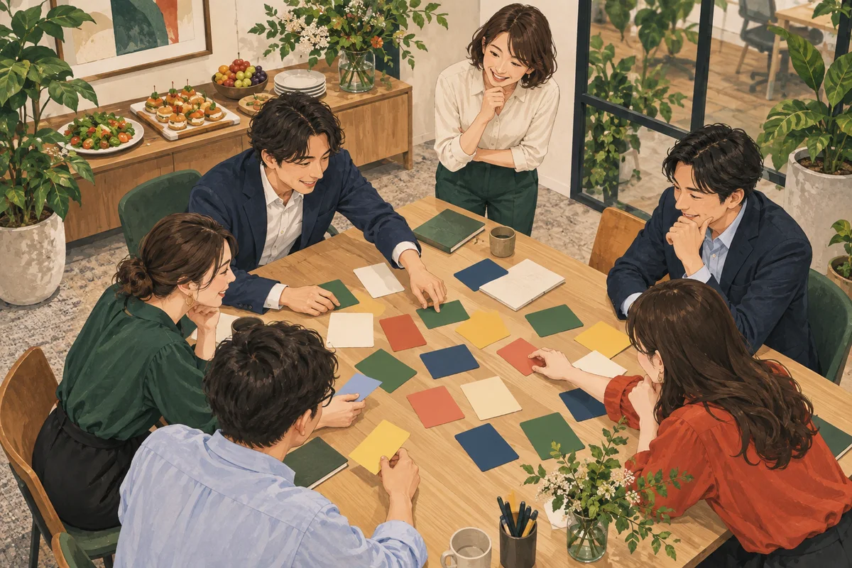 社内交流会の企画アイデア12選を解説するイラスト(開催イメージ)