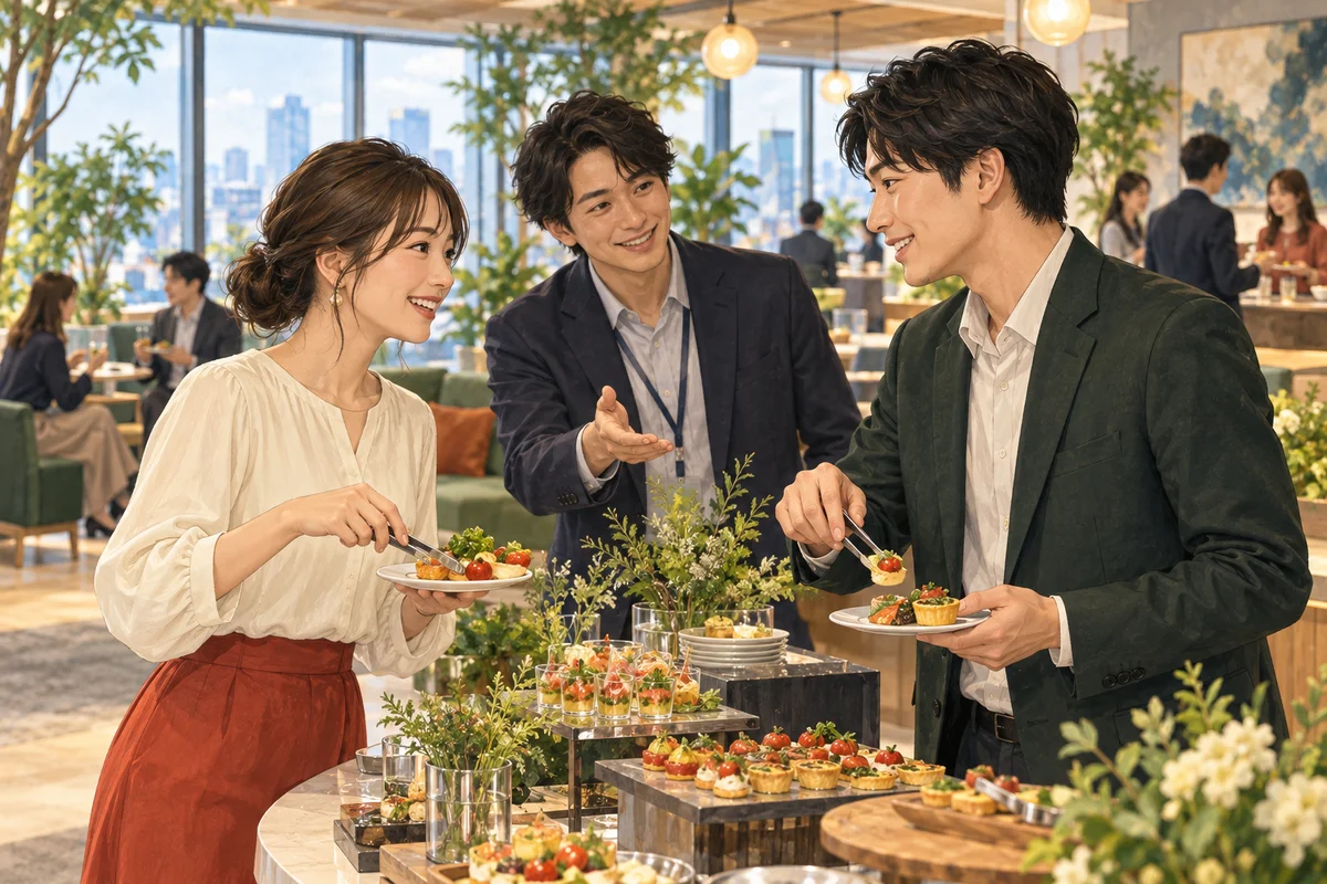 社内交流会のケータリング活用法を解説するイラスト(開催イメージ)