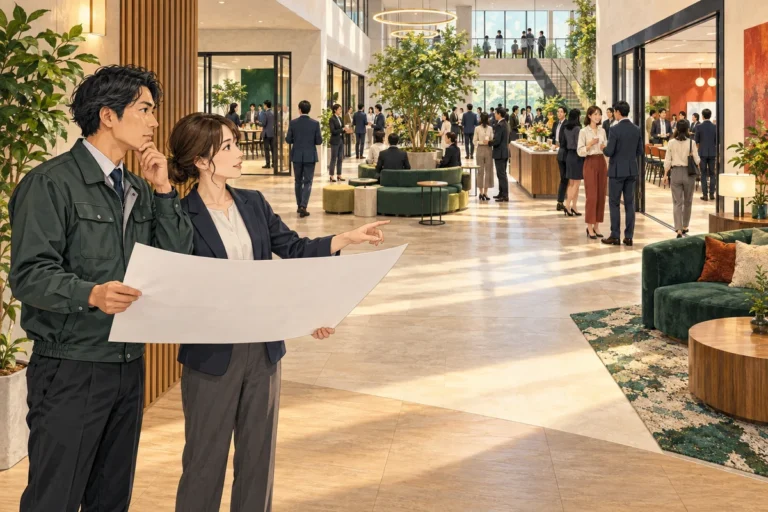 全社懇親会をオフィスで開催できる？100〜200名で考えるポイントを解説するイラスト（開催イメージ）