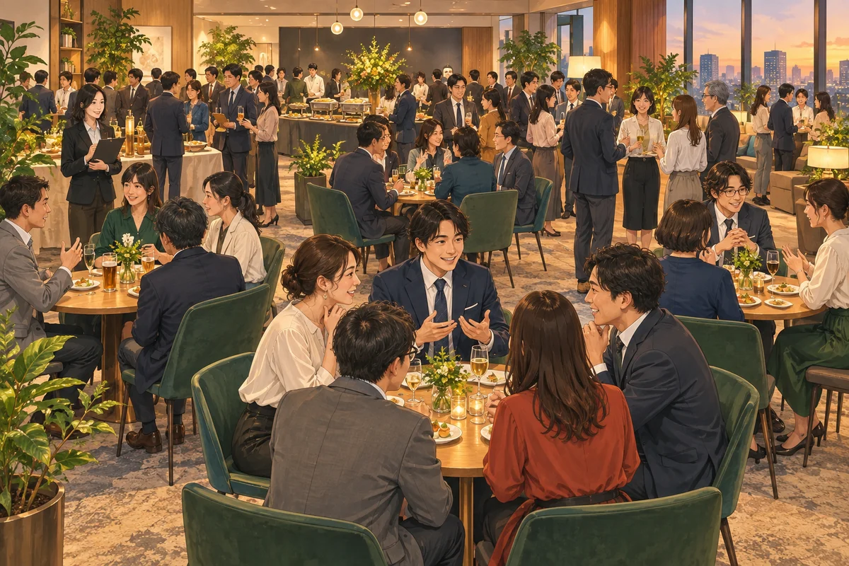 50人の社内懇親会を解説するイラスト（開催イメージ）