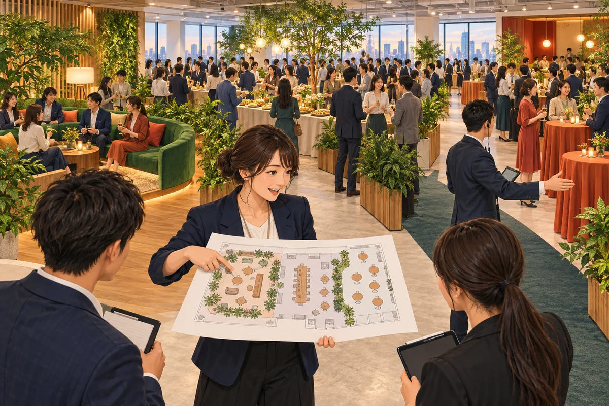 150人の社内懇親会を解説するイラスト（開催イメージ）